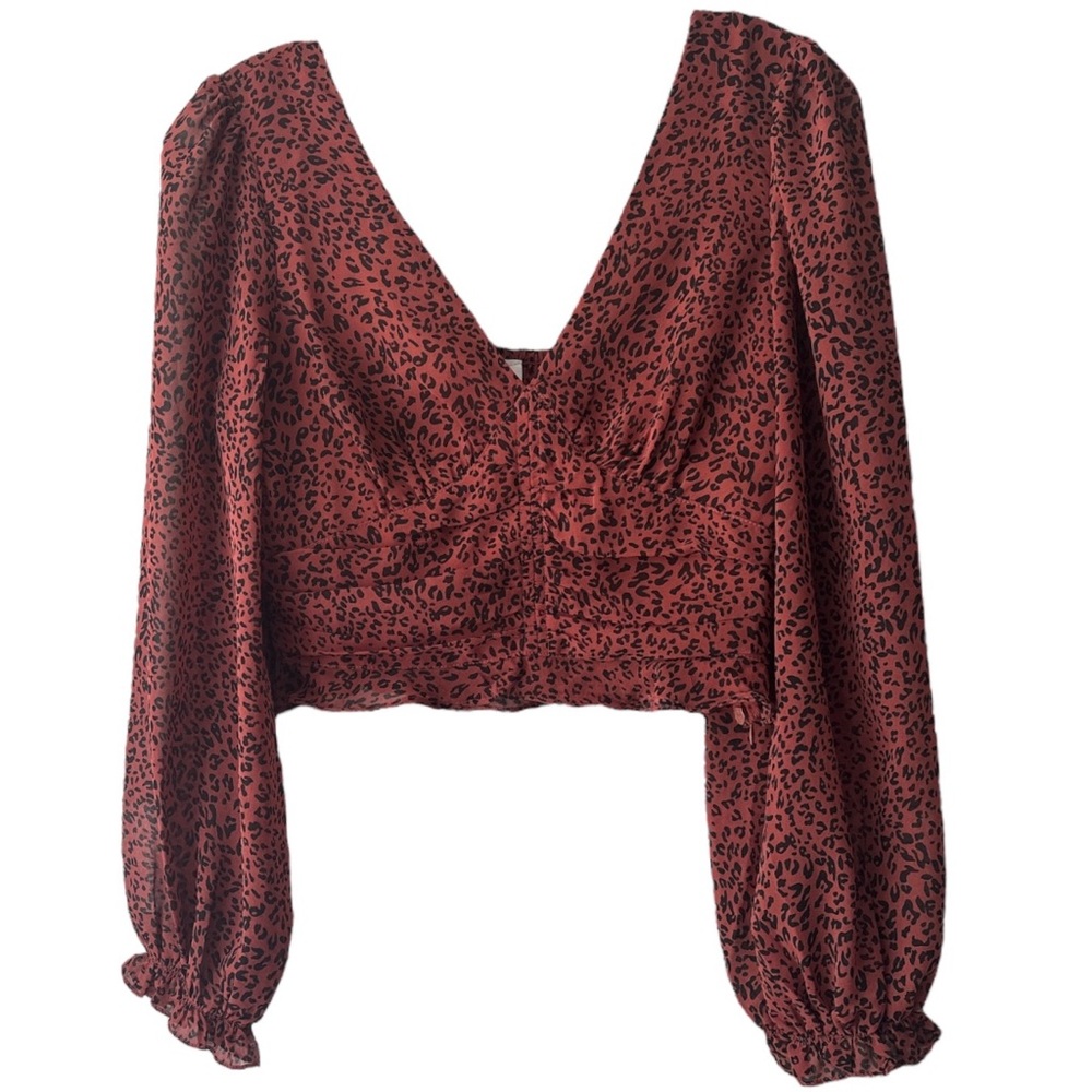 Le Lis Womens Animal Print Reddish Brown Black Long Sleeve Ruched Crop Top Small